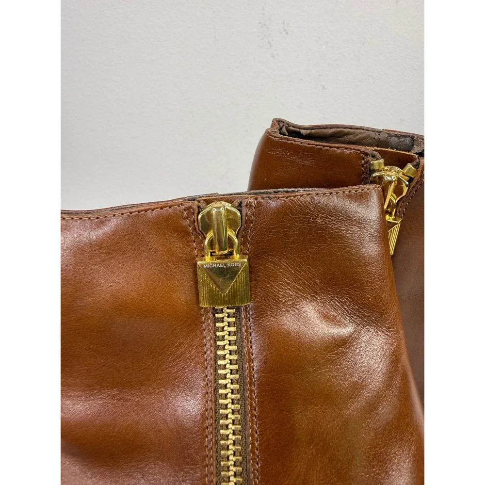 Michael Kors Brown Leather Ankle Boots Block Heel Gold Zip